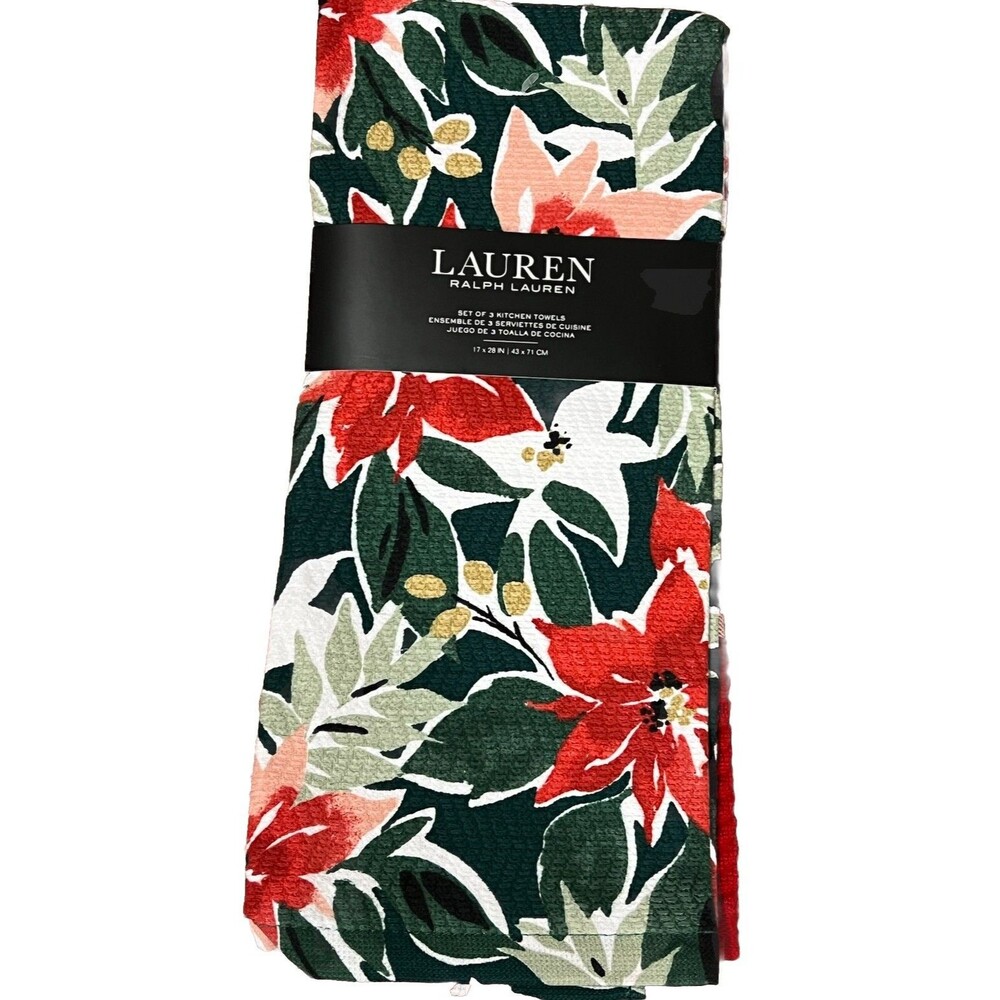 Ralph Lauren Kitchen Towels Christmas Poinsettias Red Green Set Of 3 Cotton New